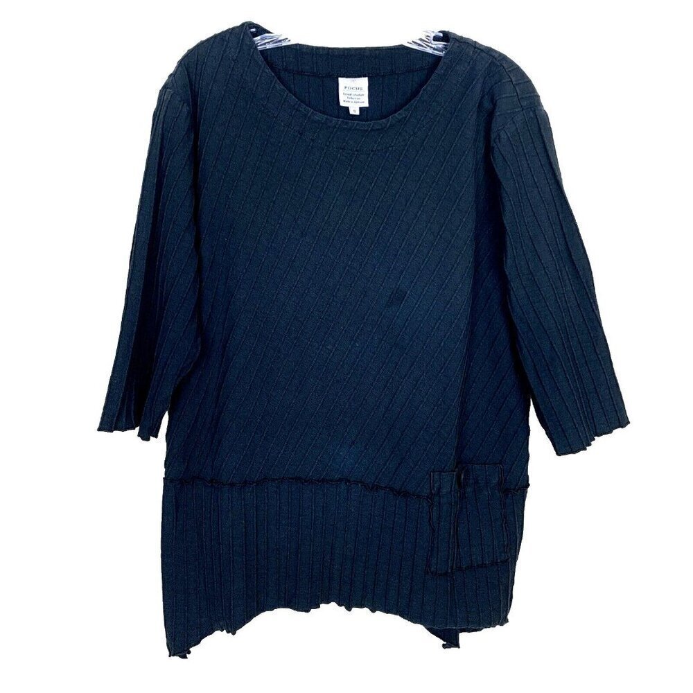 Focus Casual Life 3/4 Sleeve Tunic Top Black Knit Pocket Lagenlook Womens S